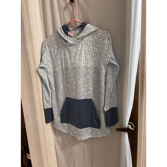 LuLaRoe Tops - Lularoe Amber Blue Daisy Block Print Hooded Shirt S NWT